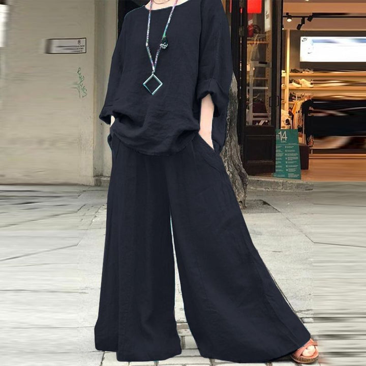 Women's Airy Linen Lounge Set with Boxy Tunic and Extra Wide Palazzo Pants Mune Fashion