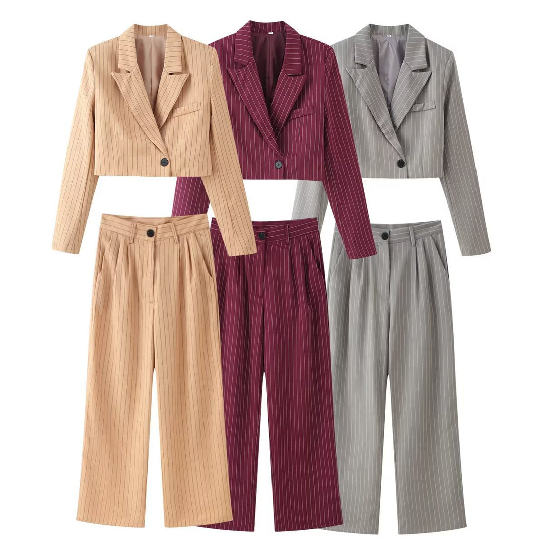 Women's Two-Piece Pinstripe Short Blazer with High-Cut Wide Pants Mune Fashion