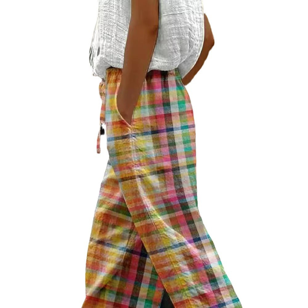 Women's casual checkered linen pants with elastic drawstring waistband and rolled hem Mune Fashion