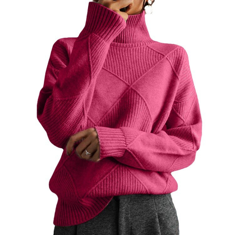 Women's oversized knitted sweater with high turtleneck and diamond pattern Mune Fashion