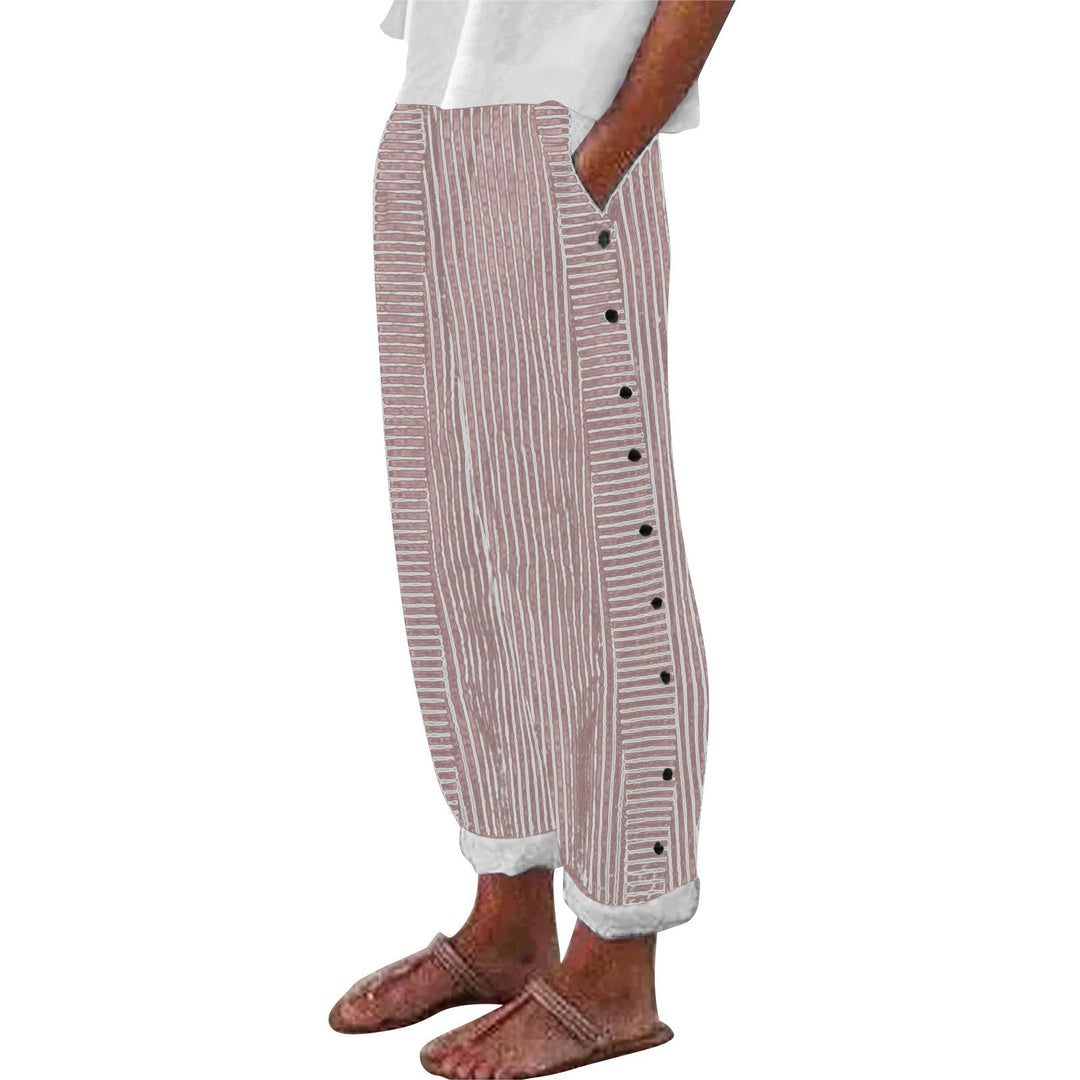 Women Lightweight Striped Trousers with Side Button Plackets and Elastic Waistband Mune Fashion