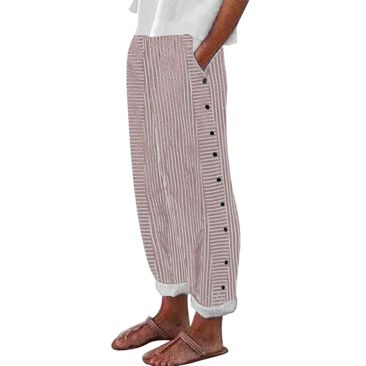Women Lightweight Striped Trousers with Side Button Plackets and Elastic Waistband Mune Fashion