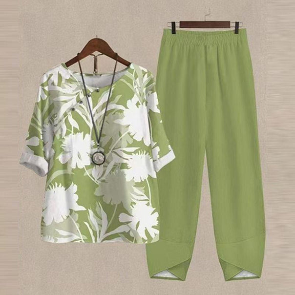 Women's lightweight tunic two-piece made of viscose-linen blend with V-neck, three-quarter sleeves, and ankle-length comfort waistband pants Mune Fashion