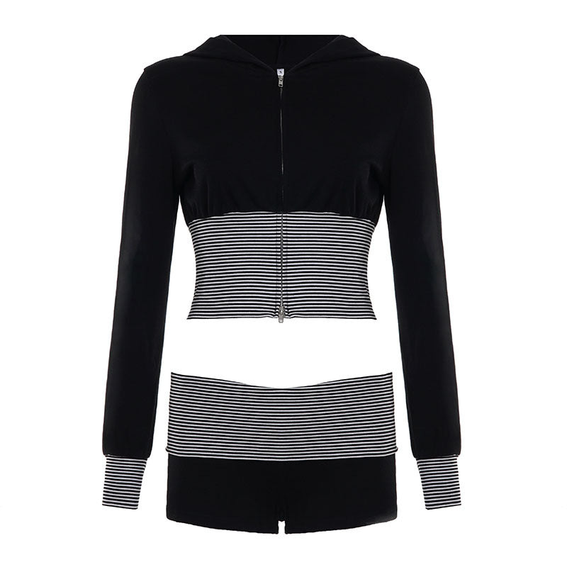 Women's short-cut lounge set with hooded cropped zip and striped high-waist shorts Mune Fashion