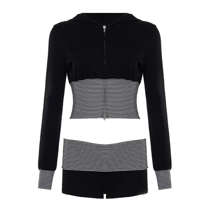 Women's short-cut lounge set with hooded cropped zip and striped high-waist shorts Mune Fashion