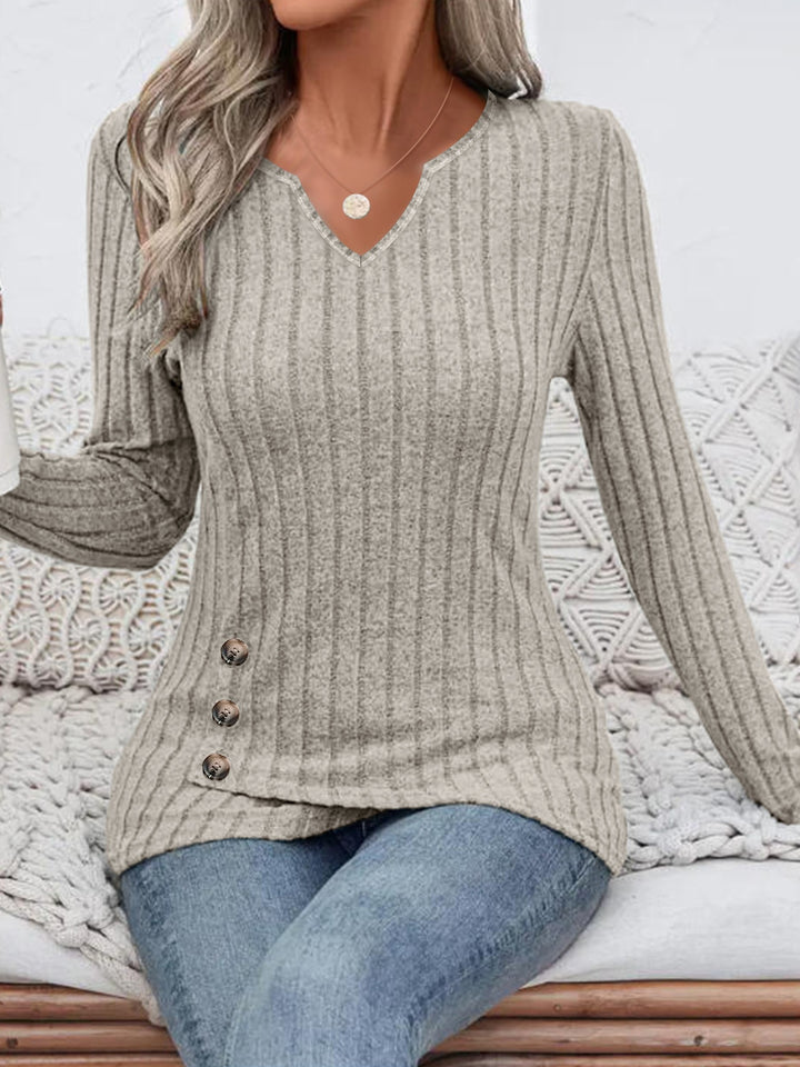 Women's Ribbed Long Sleeve Tunic with V-Neck and Side Decorative Buttons Mune Fashion