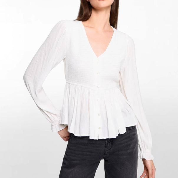 Women's peplum blouse made of textured viscose fabric with V-neckline and button placket Mune Fashion
