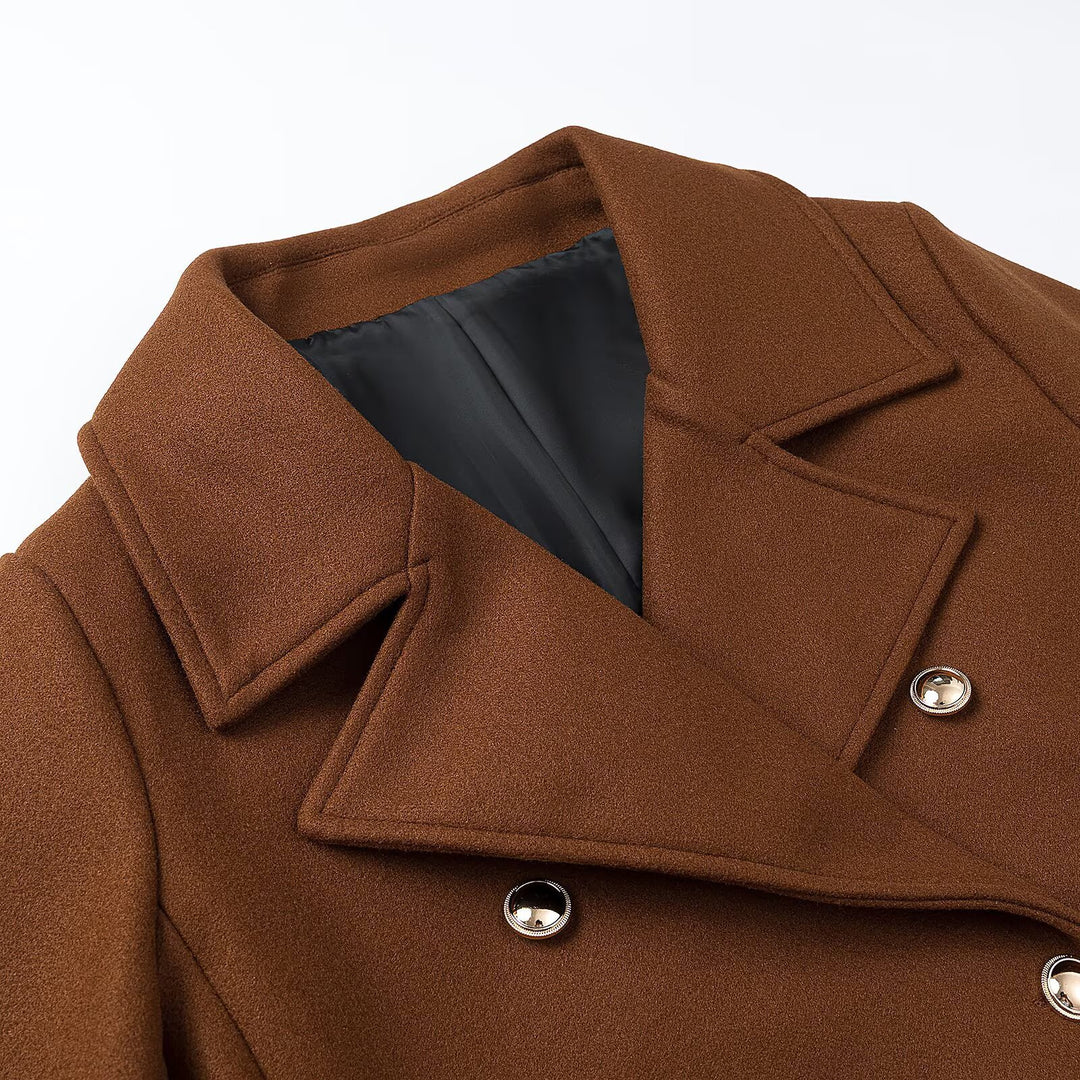 Women's Wool Blend Double-Breasted Short Coat with Decorative Buttons Mune Fashion