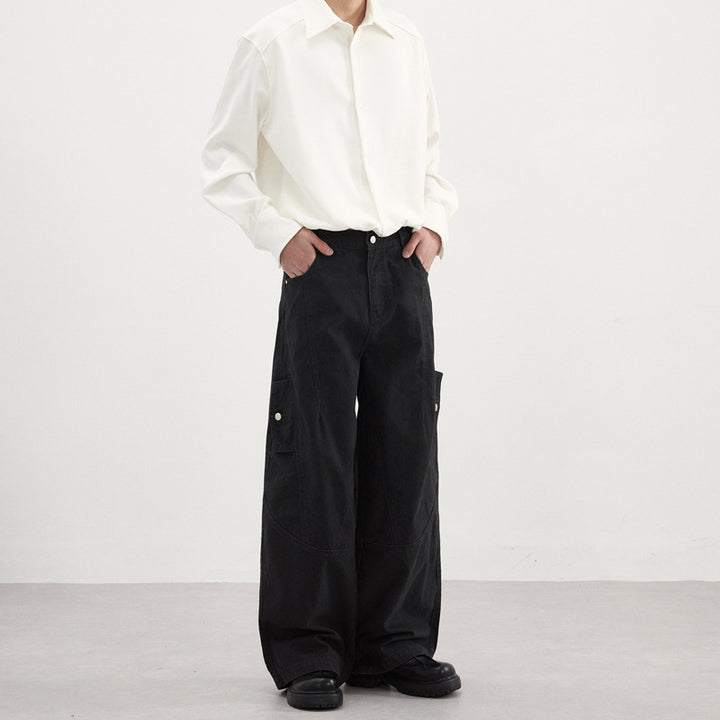 Men's Wide Palazzo Pants with Curved Seam Panels and Snap Button Pockets Mune Fashion