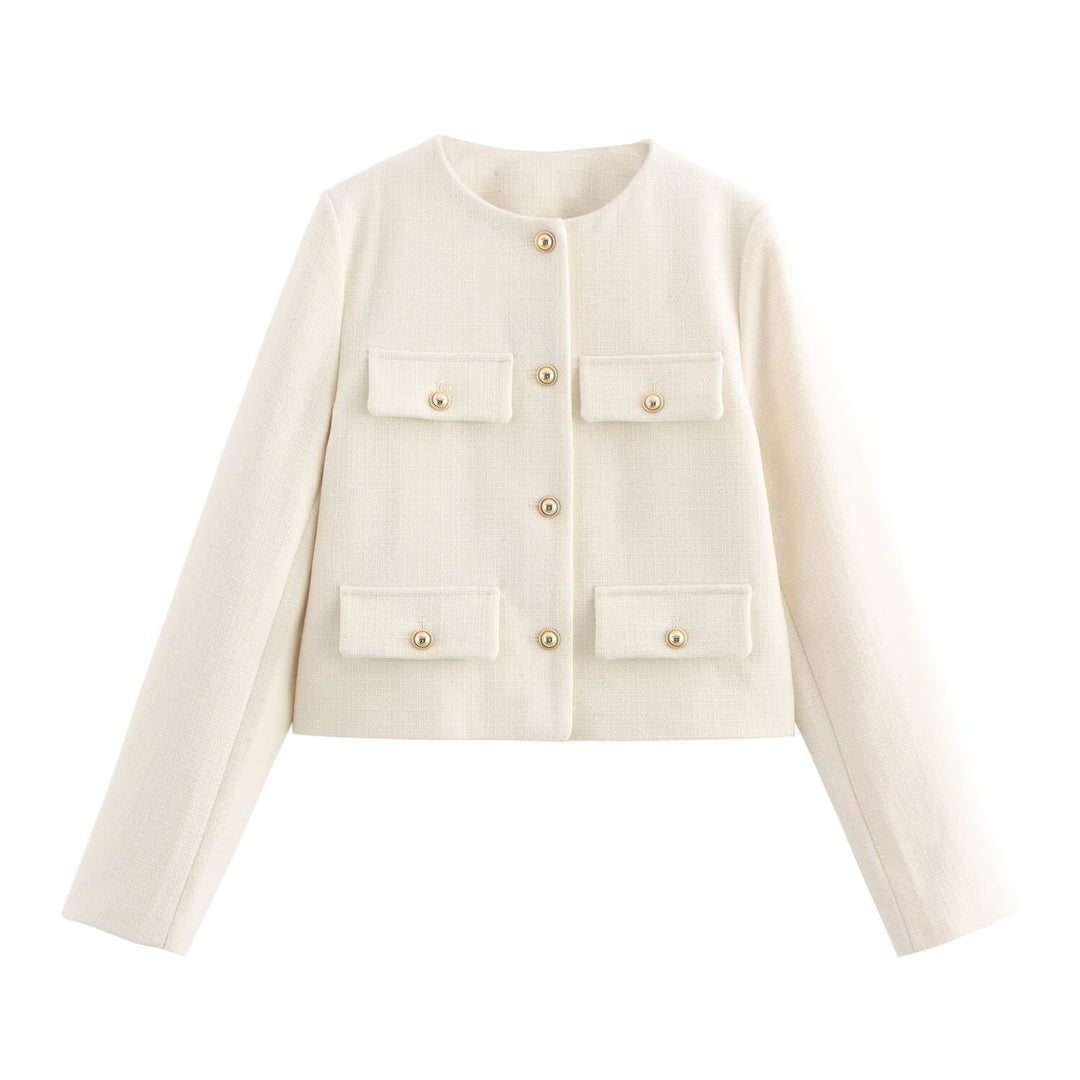Women Short Boucle Blazer Jacket with Round Neck, Decorative Pocket Flaps, and Gold-Colored Buttons Mune Fashion