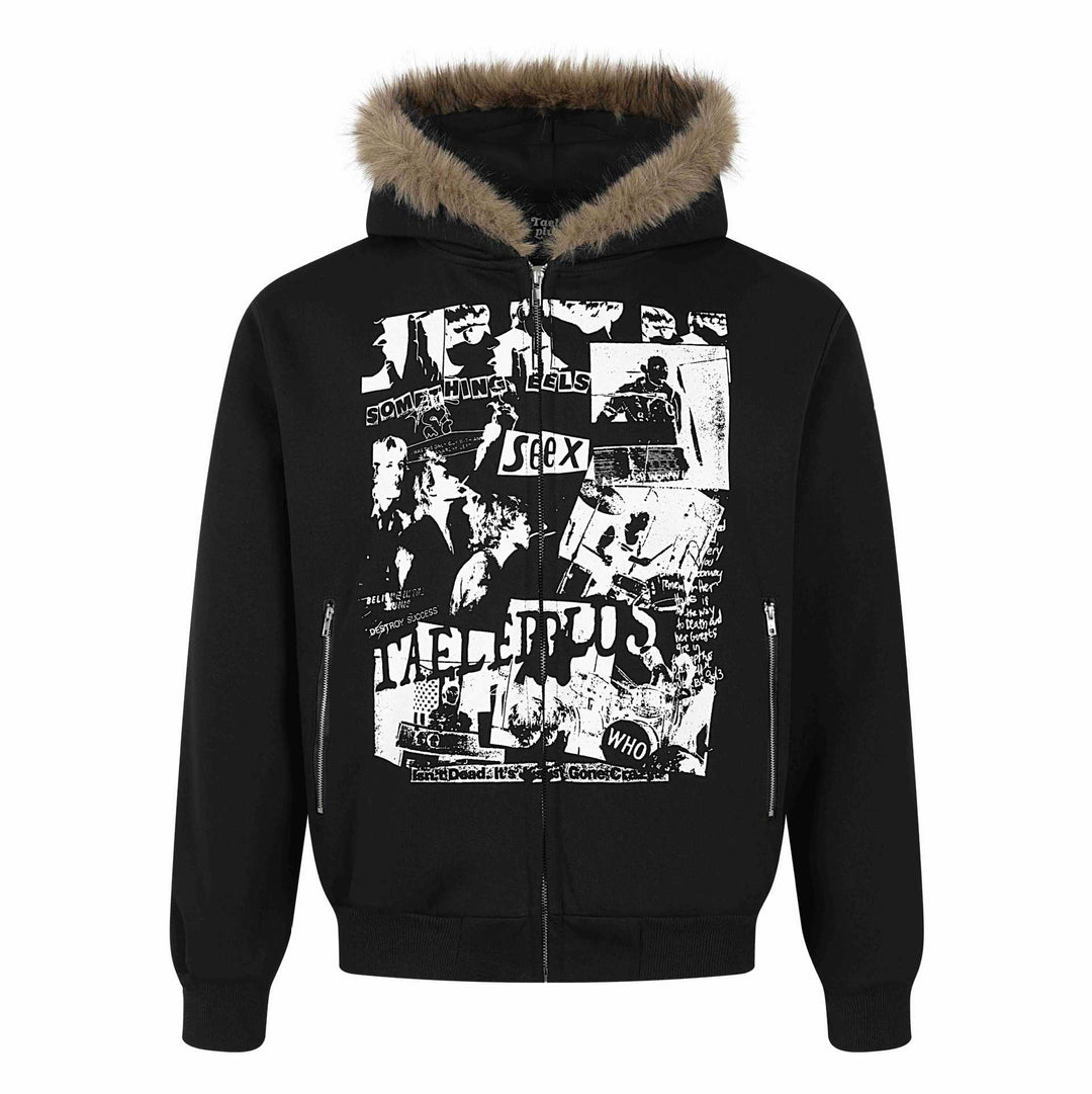 Women's hooded sweatshirt jacket with artificial fur trim, front zip and collage print Mune Fashion