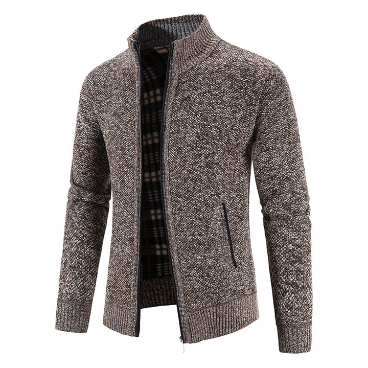Men's knitted cardigan with full zip, stand-up collar and checkered lining Mune Fashion