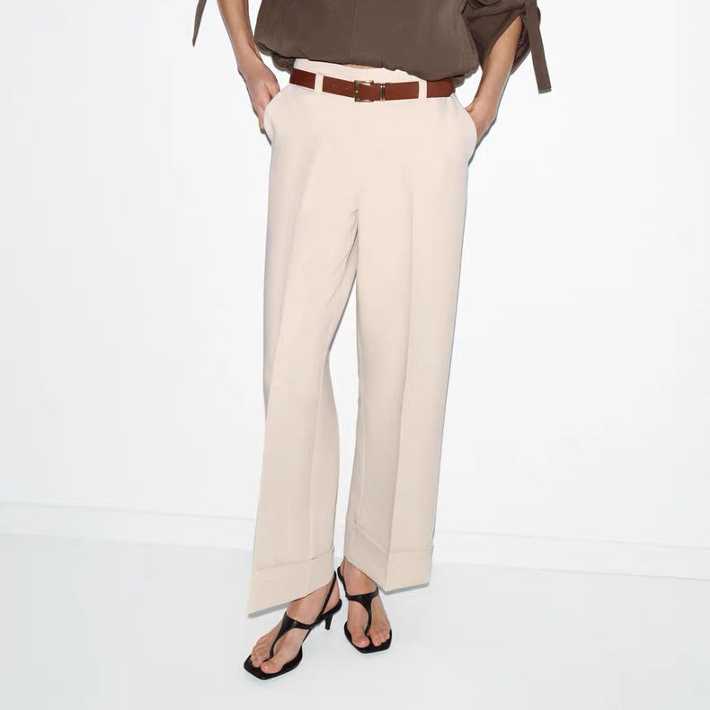 Women Wide High-Waist Trousers with Cuffed Hem, Pleat and Waist Belt Mune Fashion