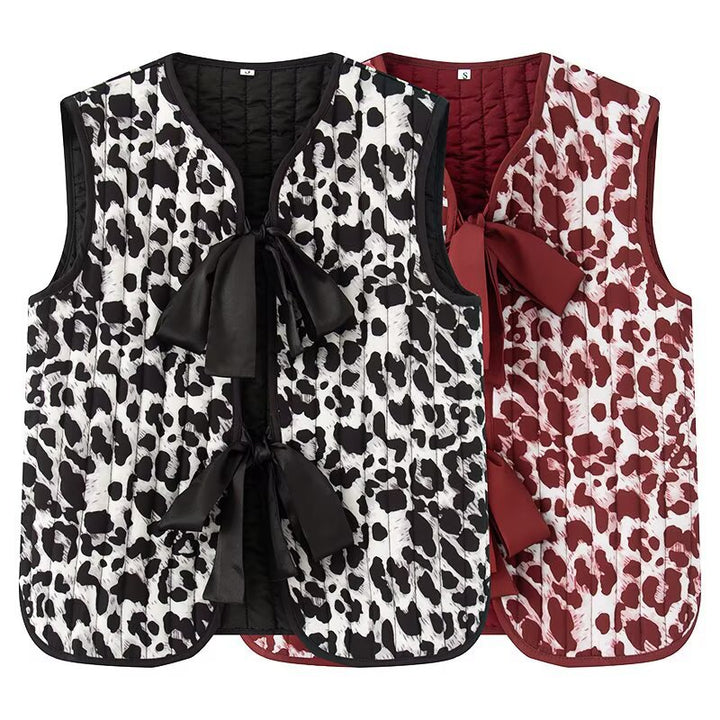 Ladies' padded vests with decorative bow closure and fashionable animal print Mune Fashion