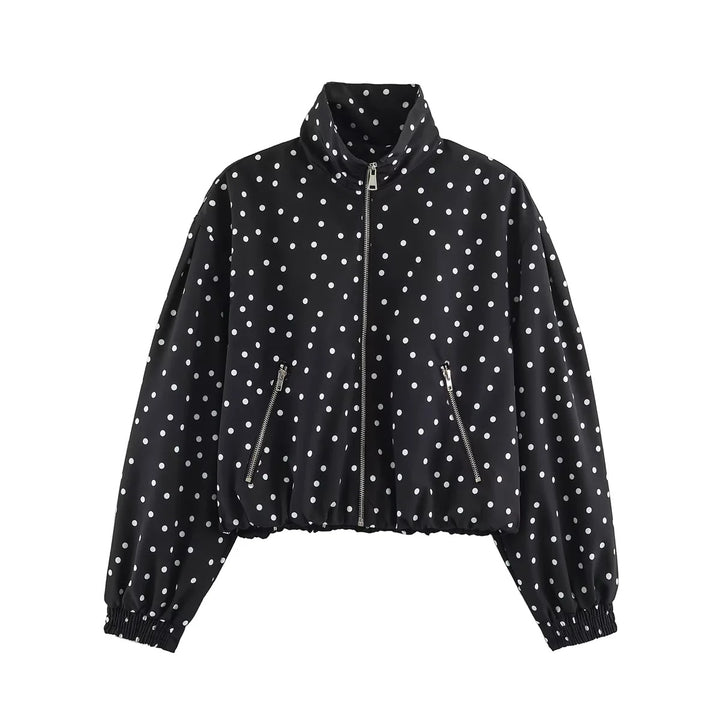 Women's dotted, waist-length bomber jacket with stand-up collar, zippered pockets, and elastic hem Mune Fashion