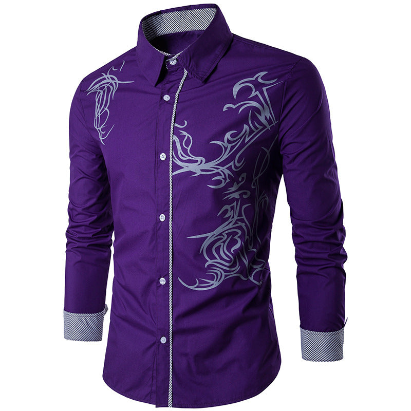 Men's fitted shirt with tribal print, concealed button placket, and contrast collar Mune Fashion