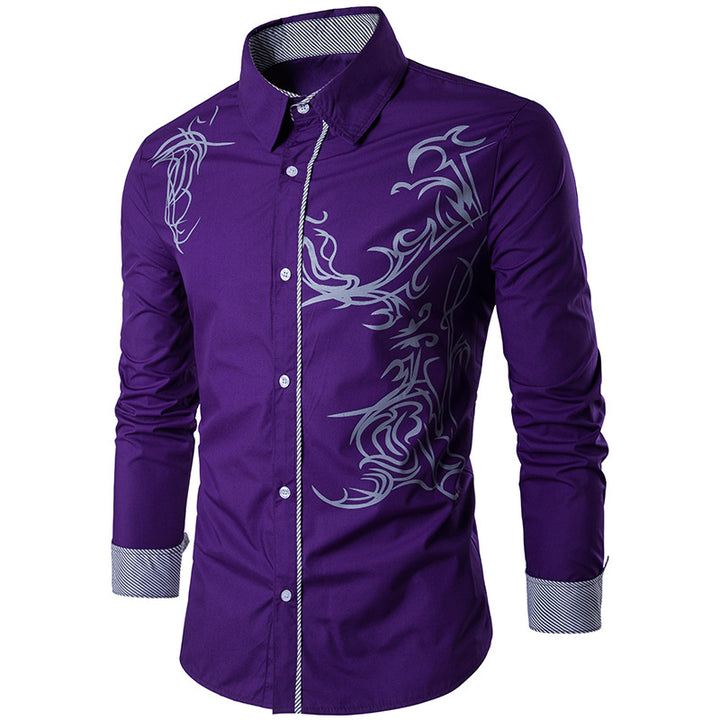 Men's fitted shirt with tribal print, concealed button placket, and contrast collar Mune Fashion