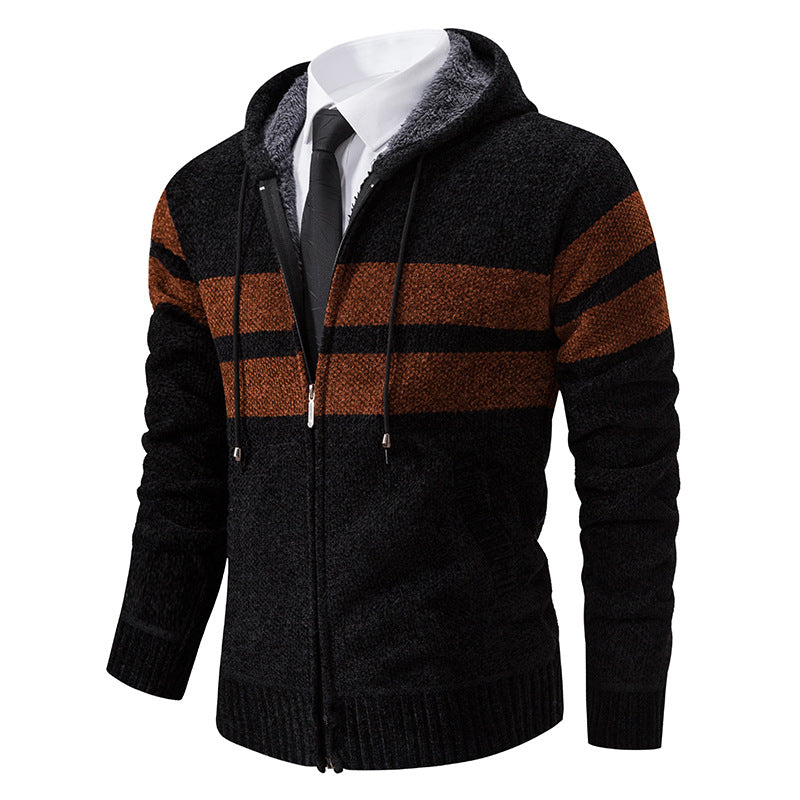 Men's knitted hoodie jacket with teddy lining, concealed zipper and contrast stripes Mune Fashion