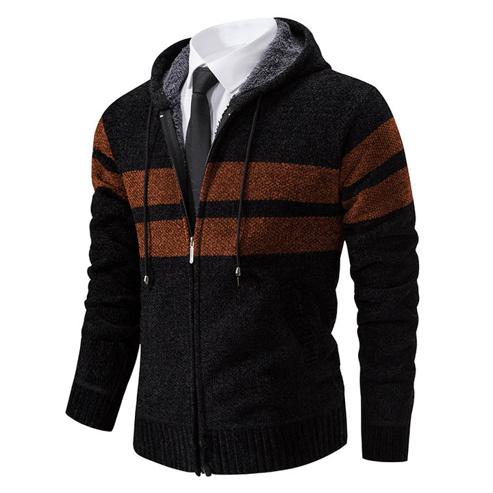 Men's knitted hoodie jacket with teddy lining, concealed zipper and contrast stripes Mune Fashion