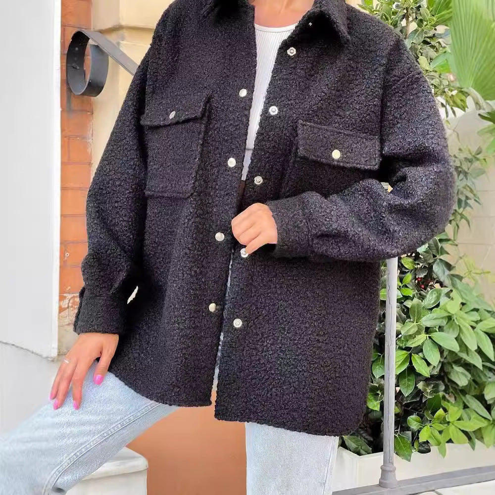Women's Oversized Teddy Transitional Jacket with Chest Pockets and Snap Buttons Mune Fashion