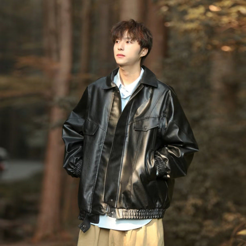 Men's Oversized Faux Leather Bomber Jacket with Flap Pockets Mune Fashion