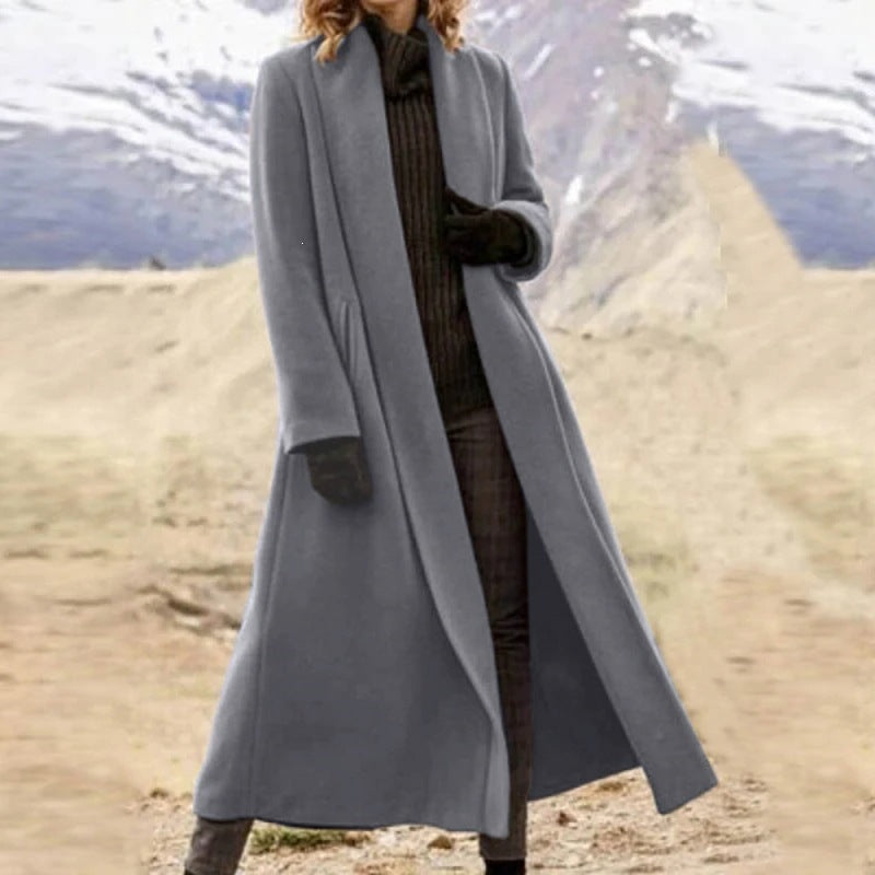 Women elegant long wool blend coat with open fall and side pockets Mune Fashion