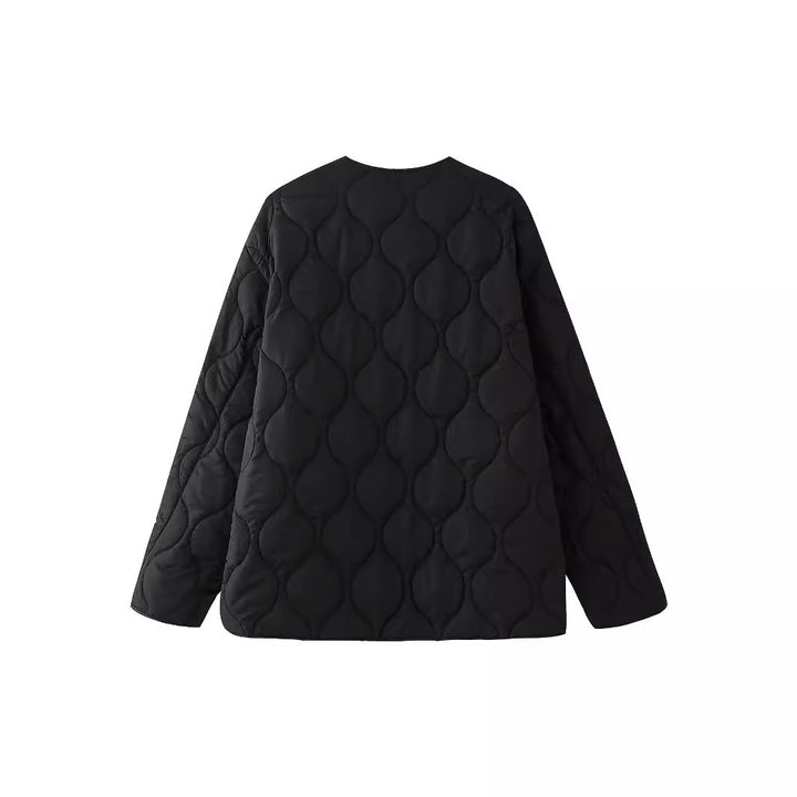 Women geometric quilted oversized liner jacket without collar Mune Fashion