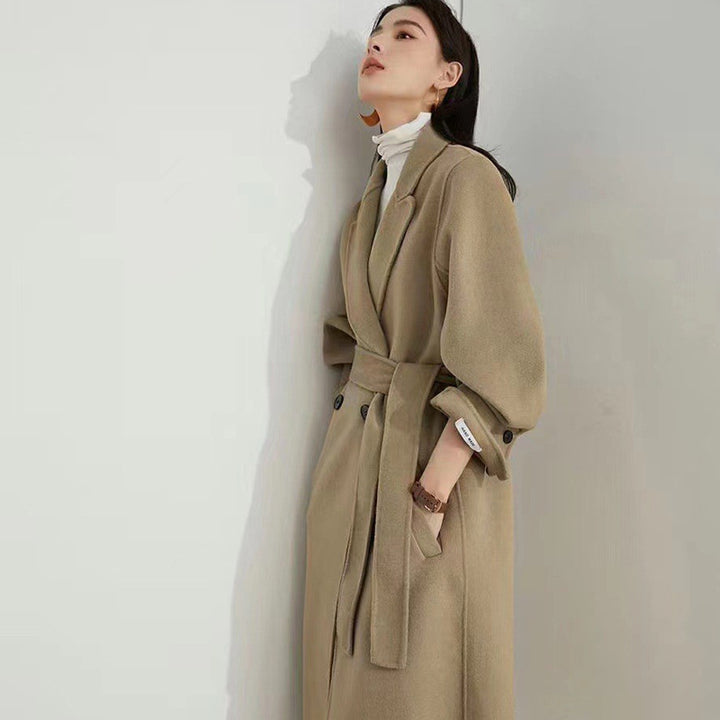 Women's Long Wool Blend Coat with Tie Belt and Balloon Sleeves Mune Fashion