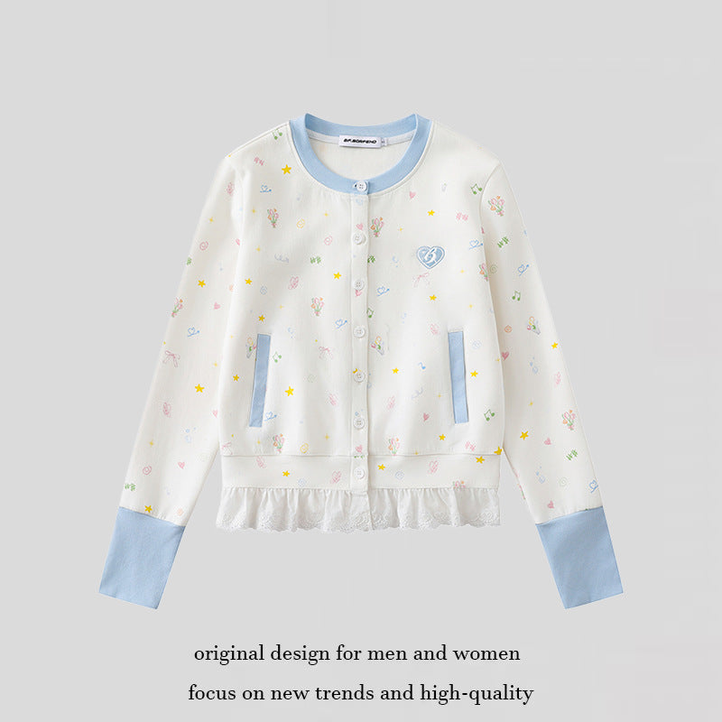 Women's Button-Front Cardigan with Lace Ruffle, Pastel Allover Print and Contrast Cuffs Mune Fashion