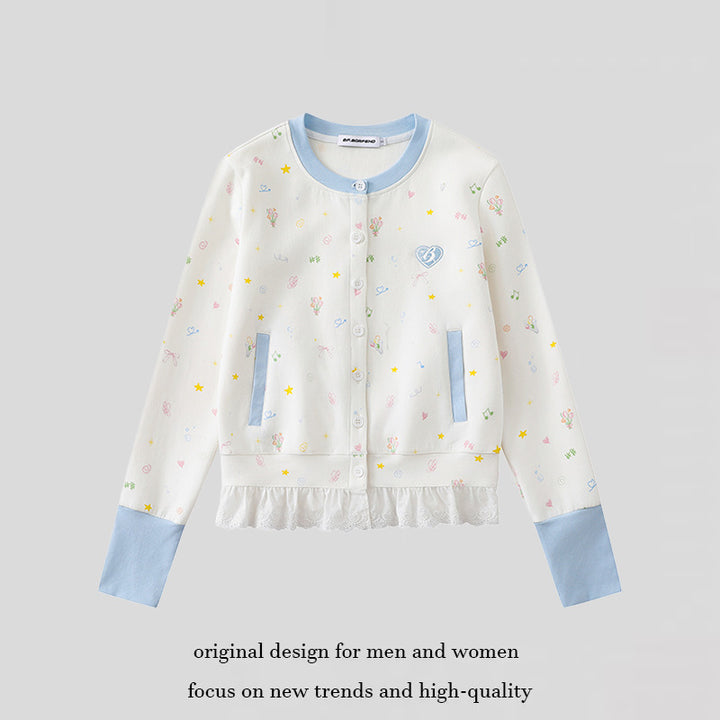 Women's Button-Front Cardigan with Lace Ruffle, Pastel Allover Print and Contrast Cuffs Mune Fashion