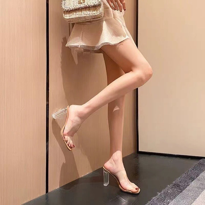 Women Transparent PVC Mules with Clear Block Heel and Metallic Footbed Mune Fashion