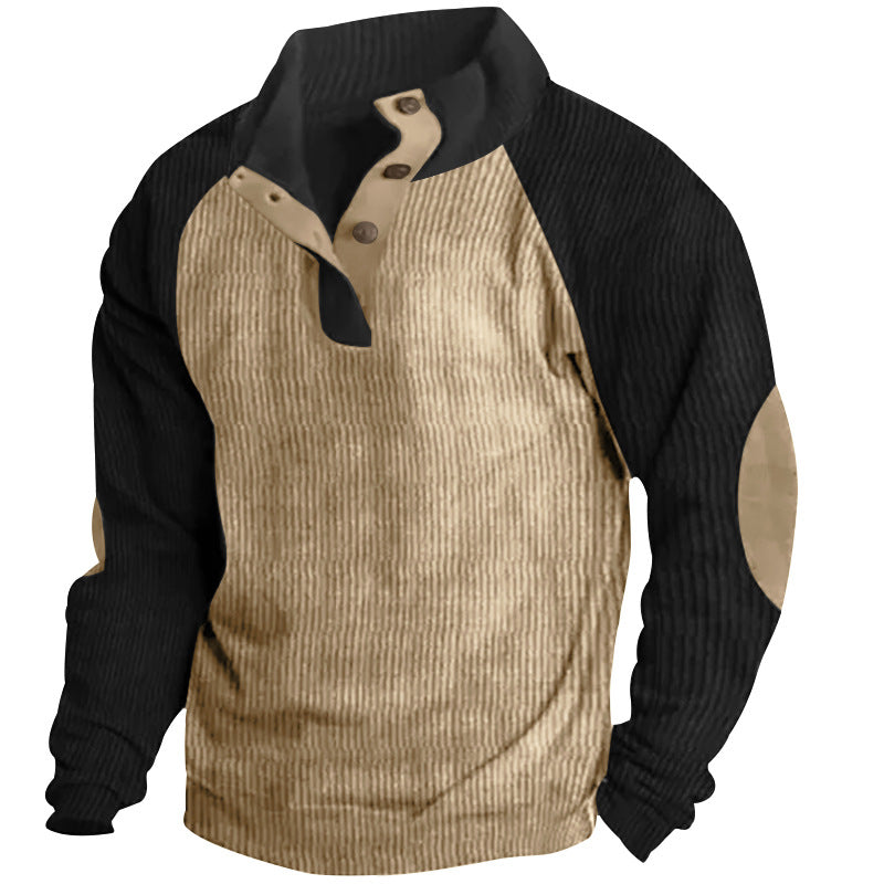 Men's structured Henley sweatshirt with stand-up collar, raglan sleeves, and elbow patches Mune Fashion