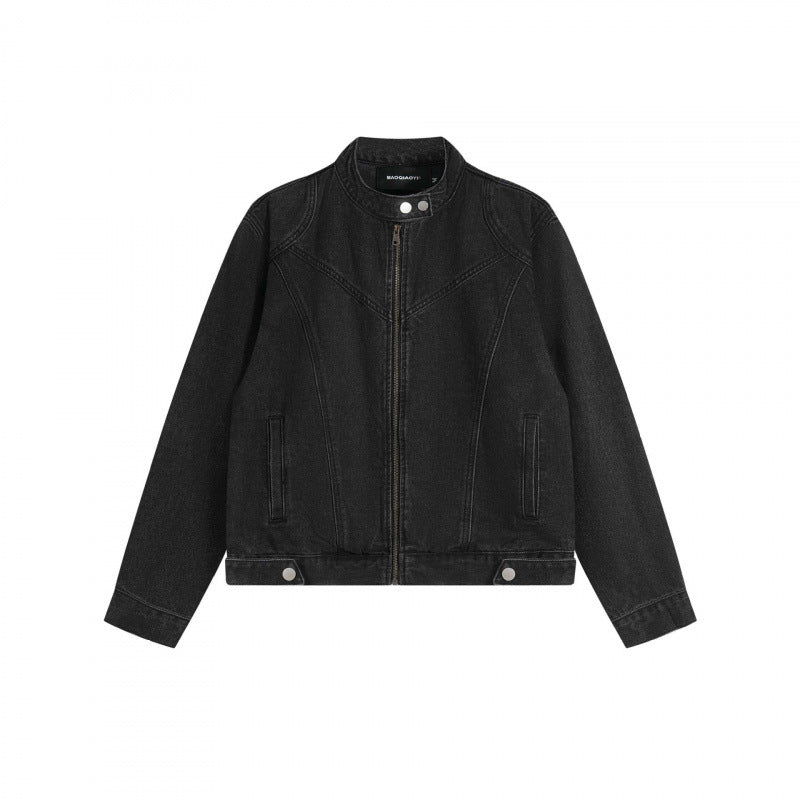 Unisex Short-cut boxy denim blouson jacket with stand-up collar, metal zipper, and adjustable hem straps Mune Fashion