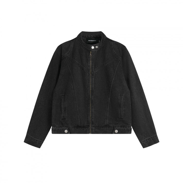 Unisex Short-cut boxy denim blouson jacket with stand-up collar, metal zipper, and adjustable hem straps Mune Fashion