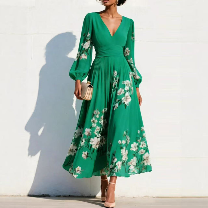 Women Chiffon Midi Dress with V-neck, gathered waist and floral pleated skirt Mune Fashion
