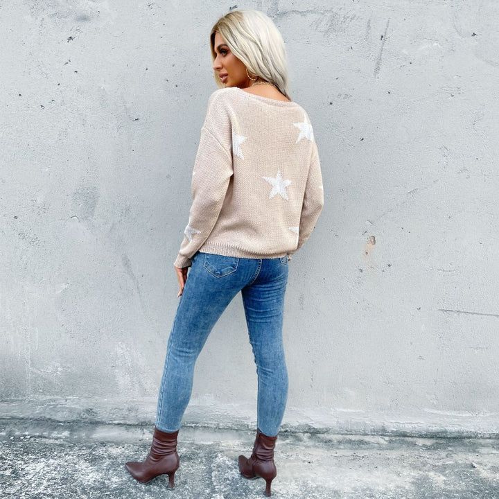 Women's Oversized Knit Pullover with Star Jacquard, Round Neck and Used Effect Hem Mune Fashion