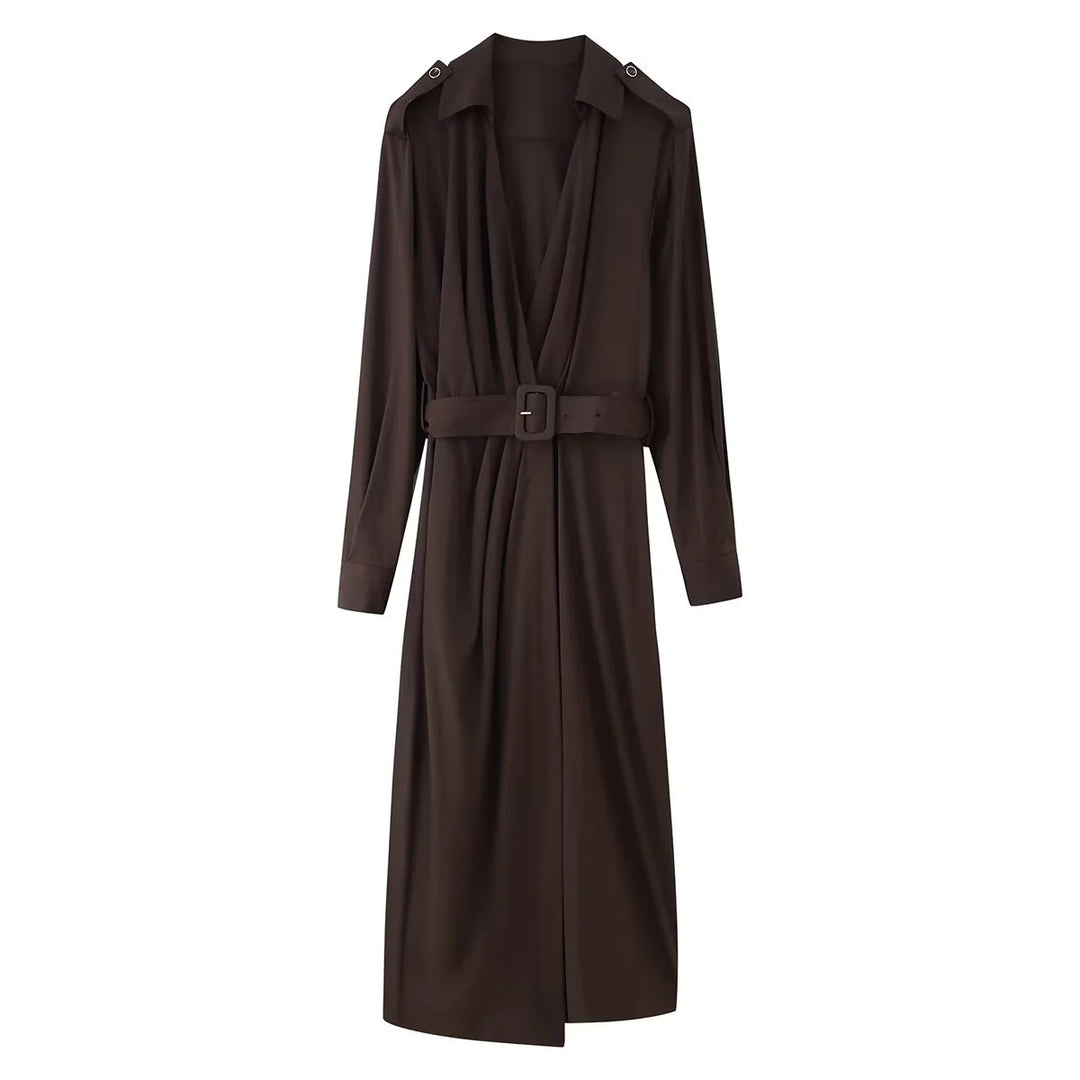 Women's long-sleeved shirt dress with waist belt and feminine A-line silhouette Mune Fashion