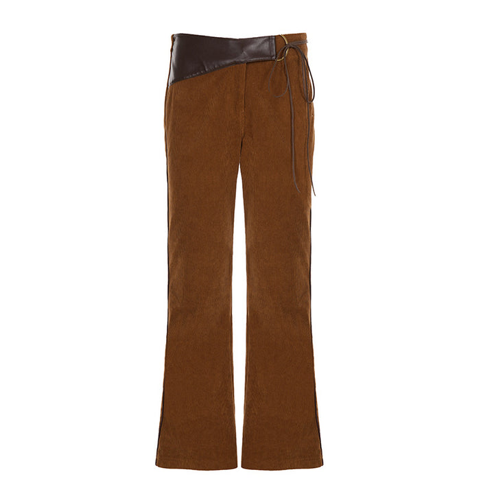 Women's corduroy pants with a high waistband, leather trim, and tie belt Mune Fashion