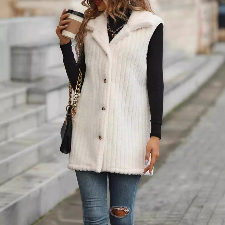 Women's sleeveless quilted vest with teddy lining, shirt collar, and button placket Mune Fashion