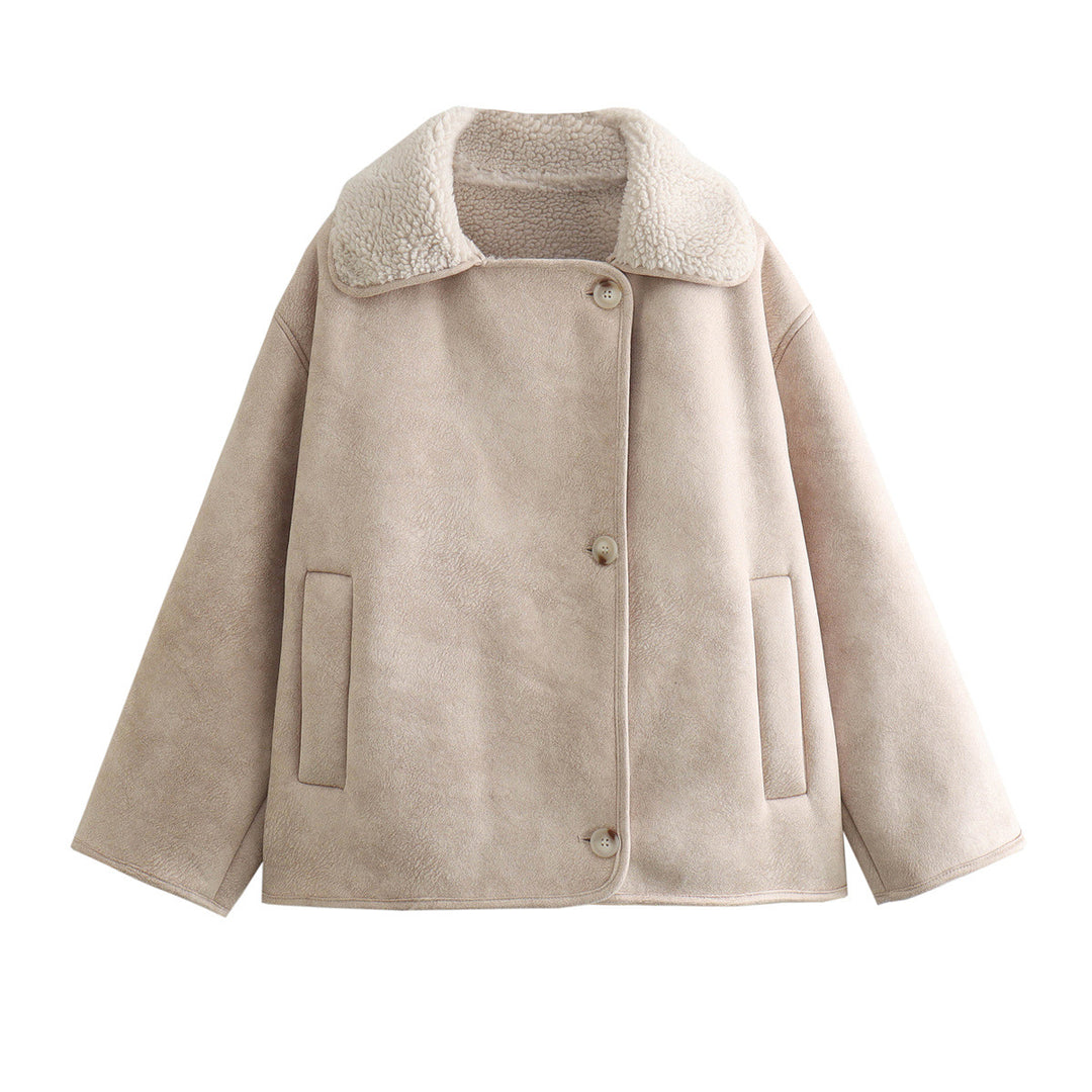 Women's short lambskin imitation blouson with teddy lining, shirt collar, and patch pockets Mune Fashion