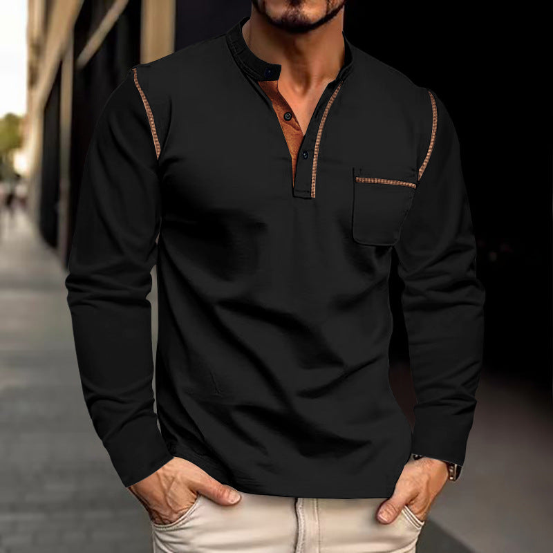 Men's nan legeres long sleeve henley shirt with stand-up collar, button placket, and chest pocket Mune Fashion