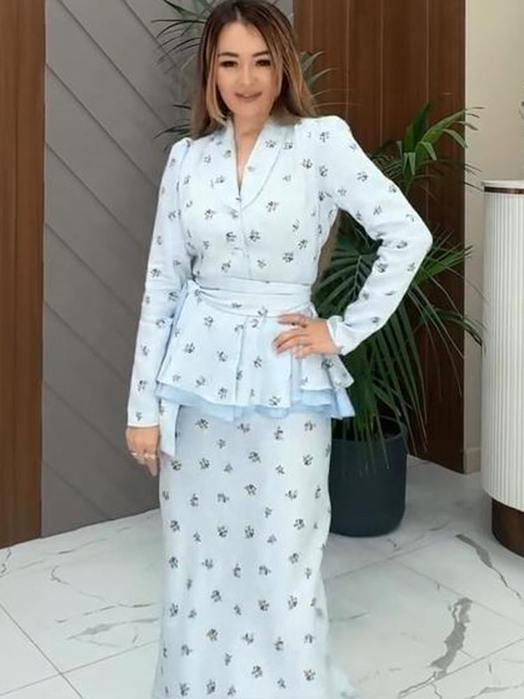 Women's Two-Piece Wrap Set with Peplum Jacket and Figure-Hugging Maxi Skirt Mune Fashion