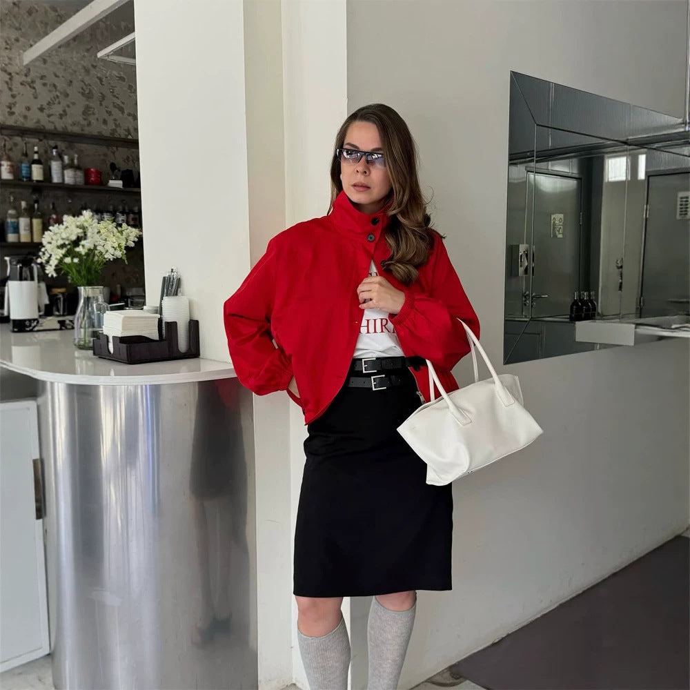 Women's short jacket with stand-up collar, button closure and elastic cuffs Mune Fashion