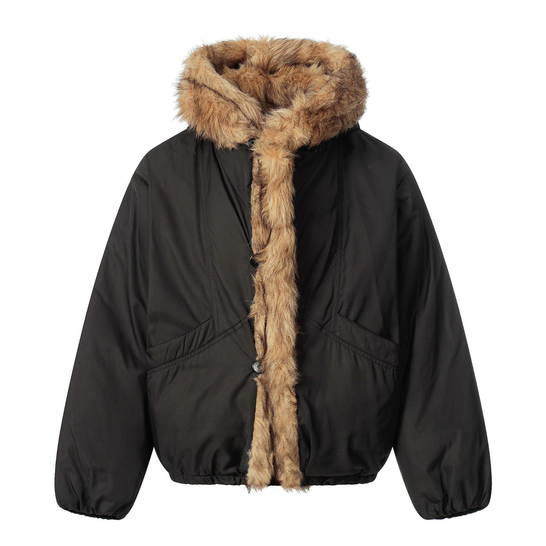 Ladies short jacket with faux fur trimmed hood and braided fur trim Mune Fashion