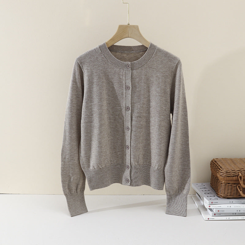 Women Fine Button Cardigan with Round Neckline, Slim Fit and Ribbed Finishes Mune Fashion