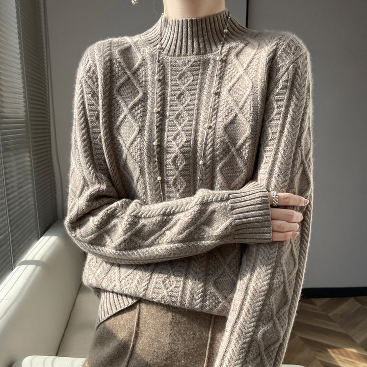 Women's cable-knit mock neck sweater with fine ajour detail and fluffy cashmere look Mune Fashion