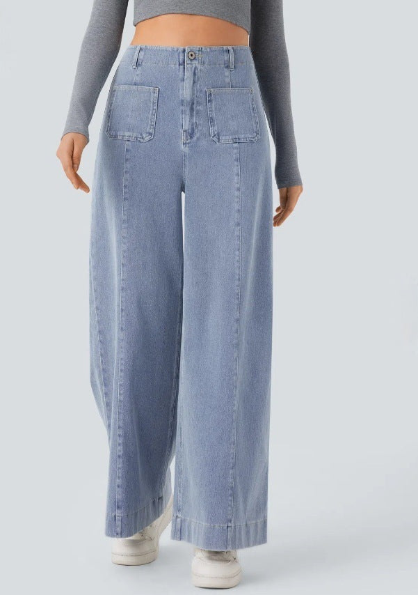 Women's high-waisted wide jeans pants with patch front pockets and vertical decorative seam Mune Fashion