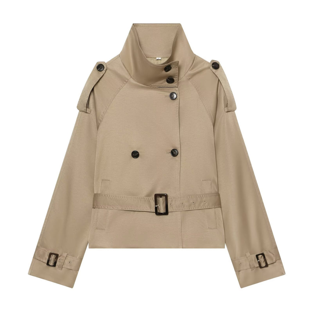 Ladies short tailored trench coat in cape look with high funnel collar and buckle cuffs Mune Fashion