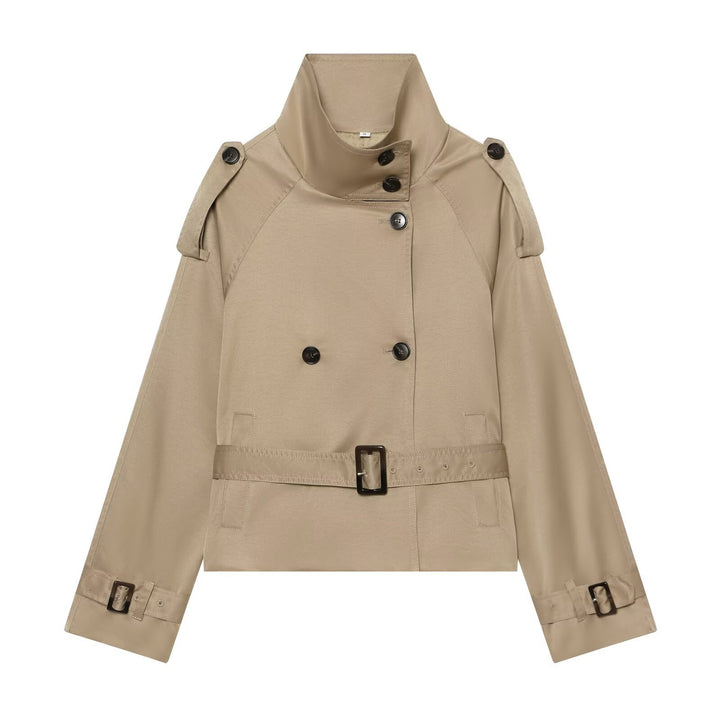 Ladies short tailored trench coat in cape look with high funnel collar and buckle cuffs Mune Fashion