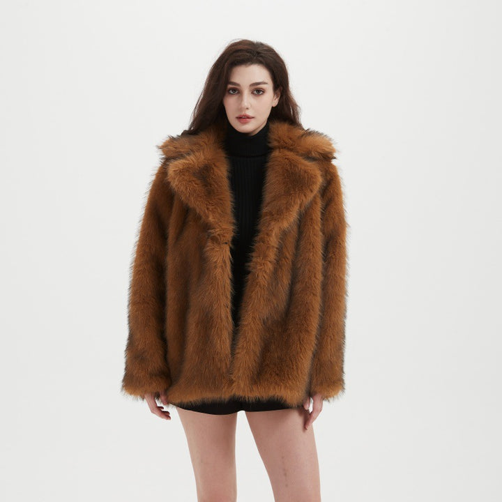 Women's Long Pile Oversized Faux Fur Coat with Boxy Silhouette and Open Cut Mune Fashion
